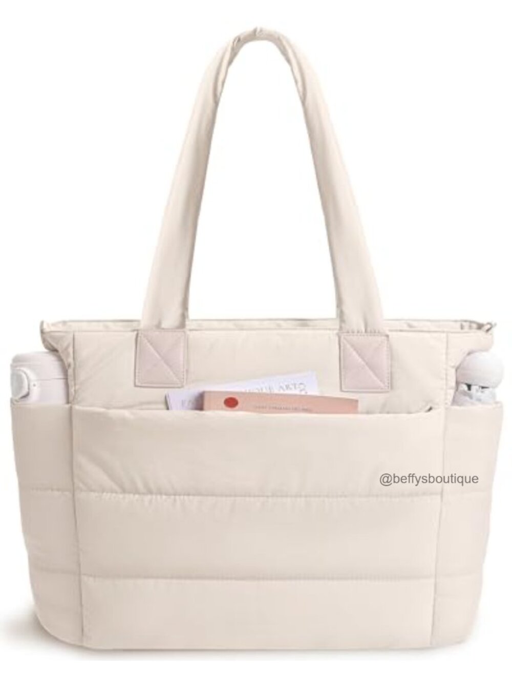 Quilted Puffer Tote Bag Lightweight Work Bag with Tumbler Pocket